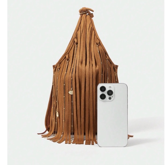 Western Vegan Suede Chain Detail Tassel Fringe Detail Tote Bag - Picture 9 of 9